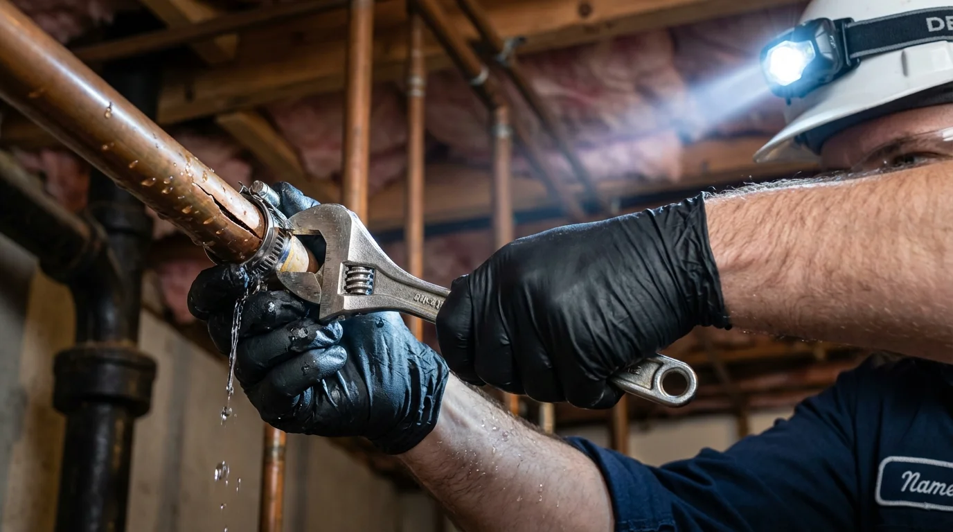 Emergency pipe clamp repair being performed by a Johns Plumbing LLC plumber in Park Falls