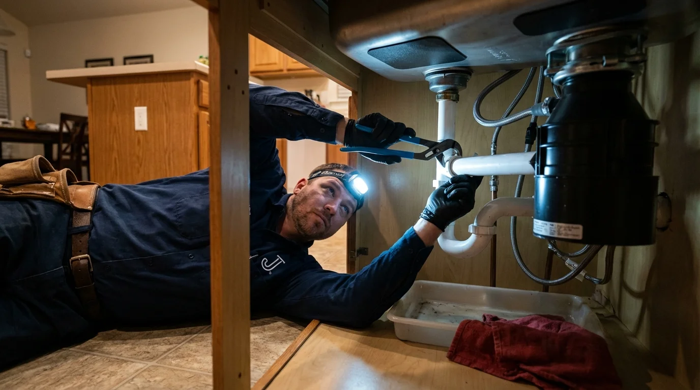 P-trap and supply line connections under a kitchen sink showing a common leak point in Park Falls, WI